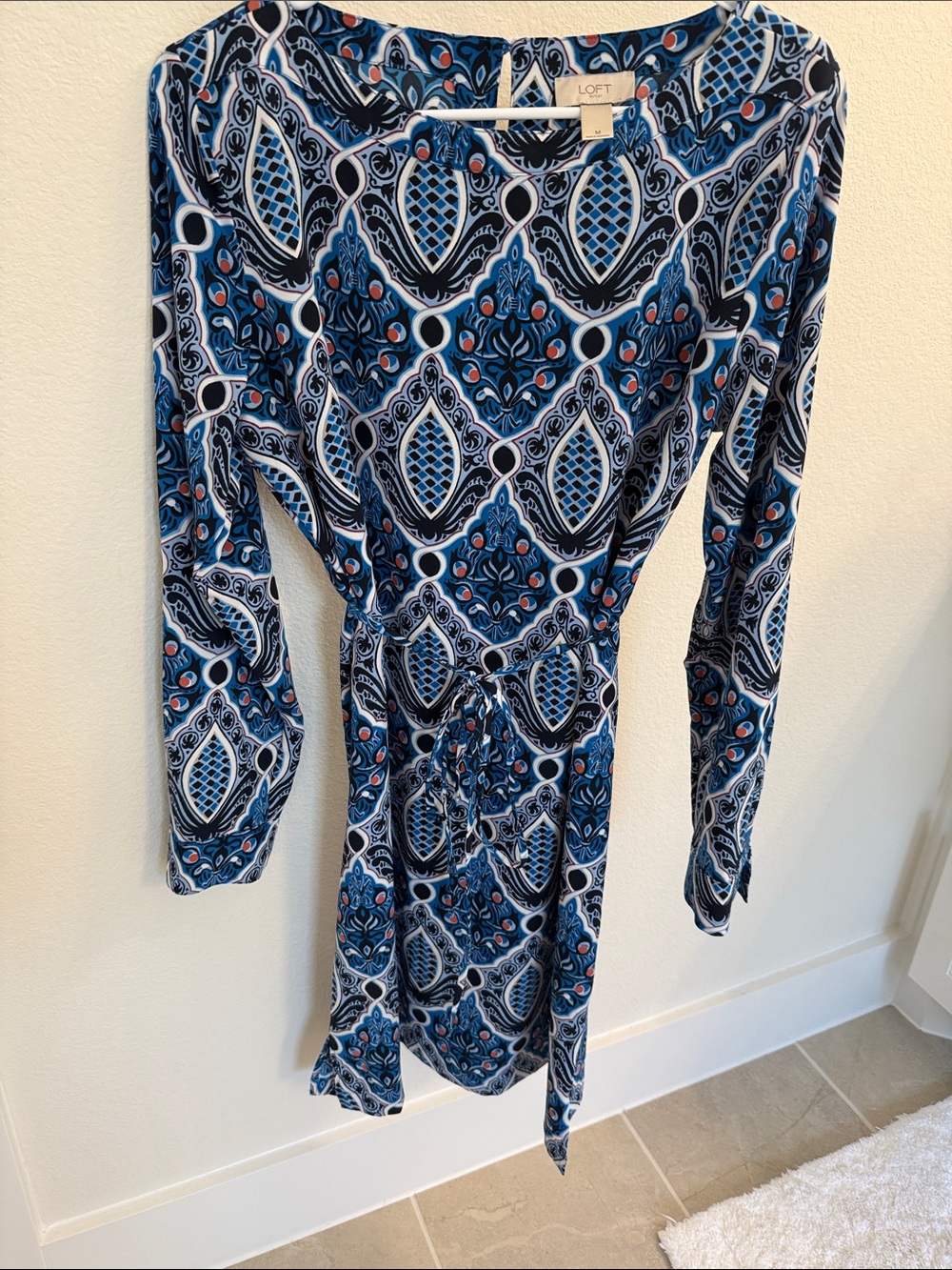 LOFT Navy, Light Blue and White Paisley-Pattern Midi Wrap Dress